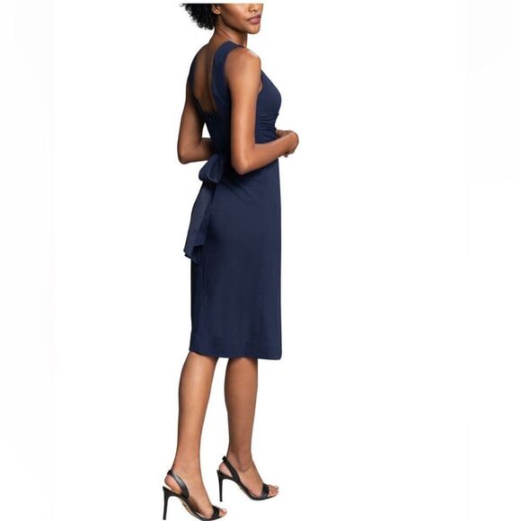 DRESS THE POPULATION Alessia Tie‎ Waist Crepe Dress, Navy, Size Medium, NWT - Picture 4 of 6